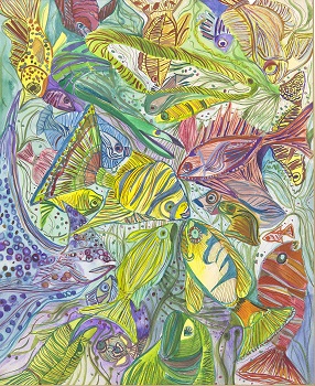 'Florida Fish' 15x25 inches, watercolor and ink, by Lisa Lezell Levine