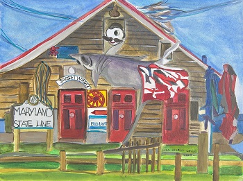 'Coles Point Tavern VA., Coles Point, VA' 17x20 inches, watercolor and ink, by Lisa Lezell Levine