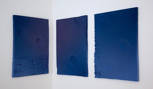 'Triptych in Blue' White stoneware and engobe by Uriel Caspi