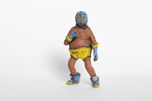 'Legendary Luchador Montaa Desierto Commemorative Figurine' Terra cotta and underglaze by Brian McNamara