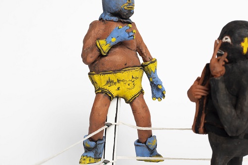 'Legendary Luchador Montaa Desierto Commemorative Figurine (detail)' Terra cotta and underglaze by Brian McNamara