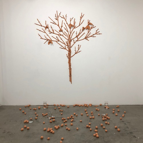 'Fallen Fruit' Terra cotta, wire, drywall screws, glass containers, and liquid by Luciano Pimienta