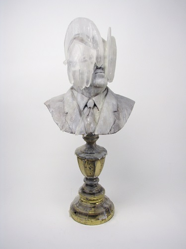 'Great-Grandpa Darrell the Magnanimous' Earthenware, glass, found object, underglaze, wax, and resin by Kourtney Stone