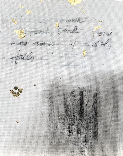 'It slowly sinks,' 2021, by Carol Meese. Plaster, charcoal, graphite, gold leaf on canvas board, 10 x 8 inches. Framed 14 x 11 inches.