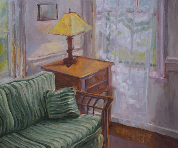 'Green Striped Couch' by Margaret Buchanan, Oil on Panel, 24 x 20 inches