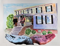 'The house many people built,' by Susan Moncure, 2021, mixed media on paper, 18 x 24 inches