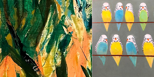 Details of images: (left) 'Tropical' by Susan Vaughan and (right) 'Budgies' by Kathleen Westkaemper