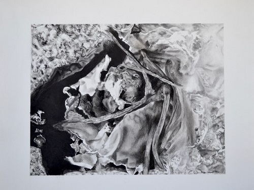 'Untitled' by Janet Scagnelli, 2017, Charcoal, colored pencil, and ash from the burning of photos in the images, 18 x 24 inches