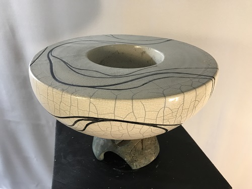 'Double walled bowl ‘loose calligraphy’ series,' Wheel thrown and raku fired with white crackle glaze and tape resist design, 13 inches diam. x 8 inches ht., by Joel Moses