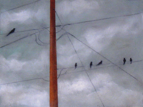 'On the Wires,' Paintstick and graphite on paper, 7 x 9 inches, by Kathleen Westkaemper