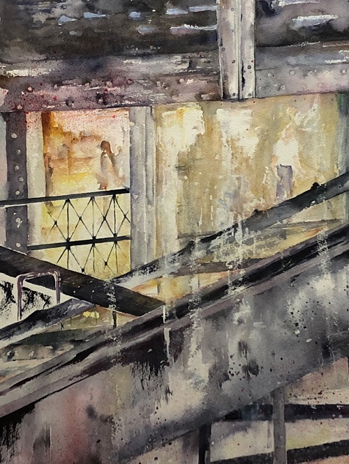'Main Street Station' by Sandy Nye Moran, Watercolor under glass, 25 x 37 inches