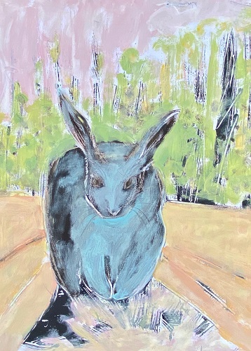 'Blue Bunny, Pink Sky,' black gesso, acrylic, oil stick on paper, 24x18 inches, by Susan Cary