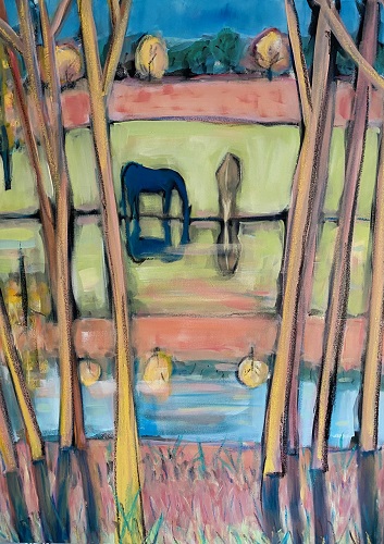 'Horse Reflections,' acrylic, oil stick, livestock marker, 40x30 inches, by Susan Cary