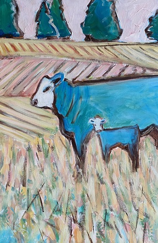 'Morning - Cow, Calf, & Fields,' acrylic, oil stick, 36x24 inches, by Susan Cary