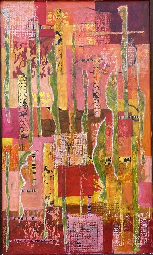 'In memory of Anne Carroll' by Susan Vaughan, Acrylic, collage, cold wax on board, 39x23 inches