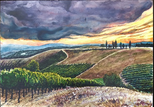 'Sunset over the hills in Tuscany' Ink in Yupo paper, mounted on wood, by Genesis Chapman