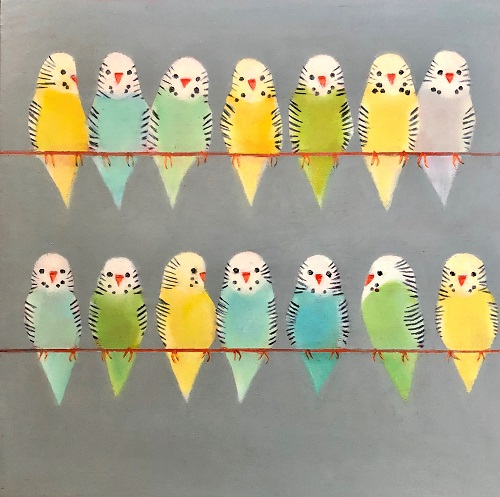 'Budgies' Paint stick, pencil and acrylic on board by Kathleen Westkaemper